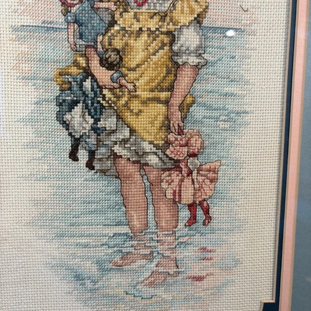 Handmaid Seaside Framed 21x14”Cross Stitch Girl w/ Dolls Beach Scene Vintage